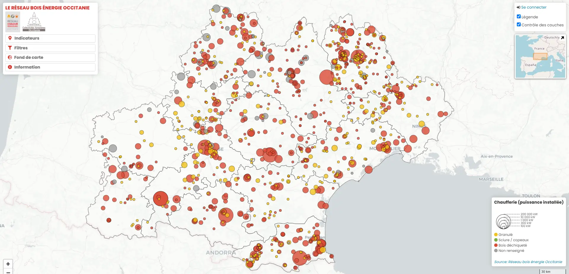 Carte interactive des chaufferies bois de la région Occitanie