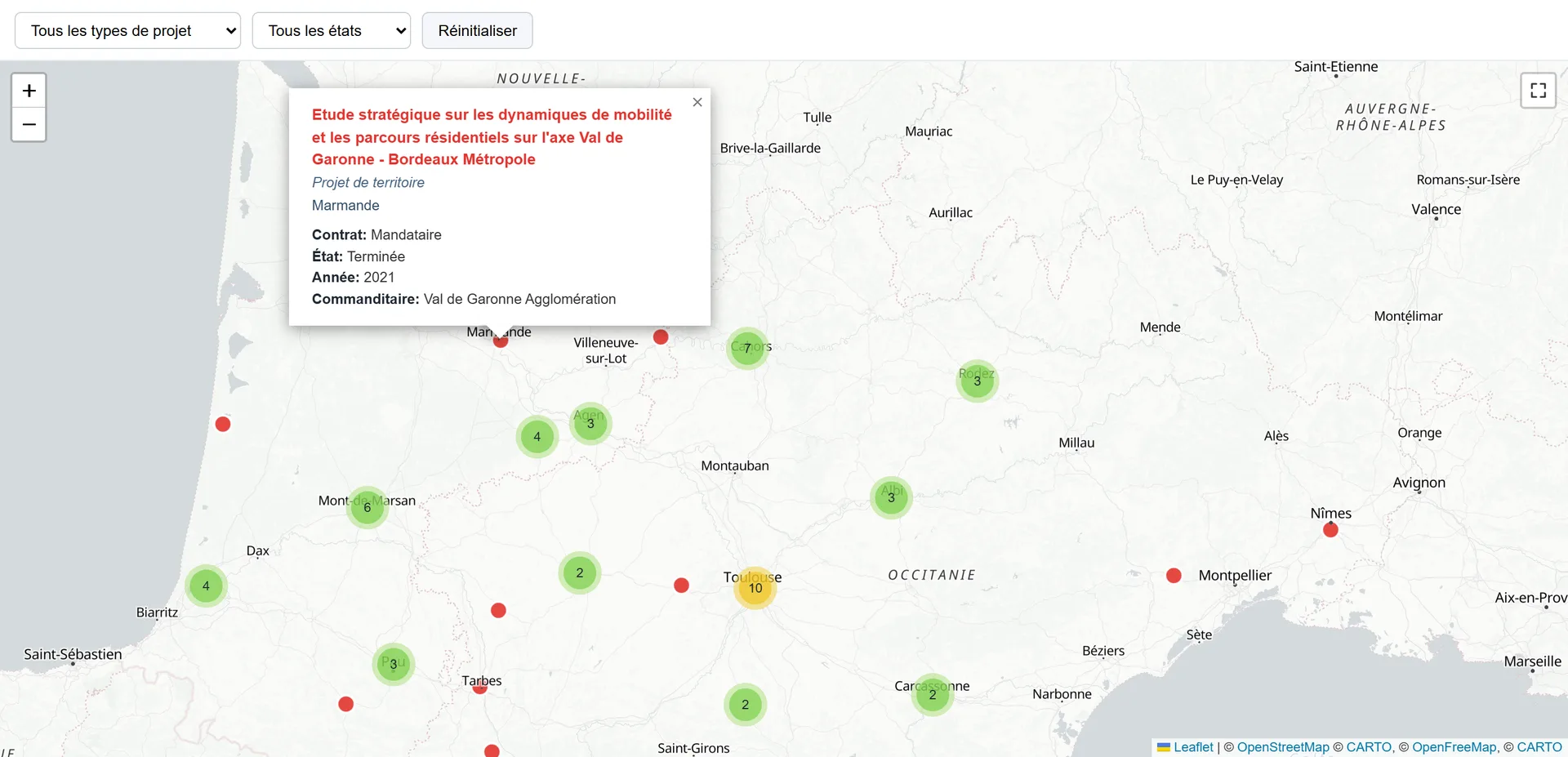 Carte interactive des références de l’Agence Place, avec filtres par type de projet et par état