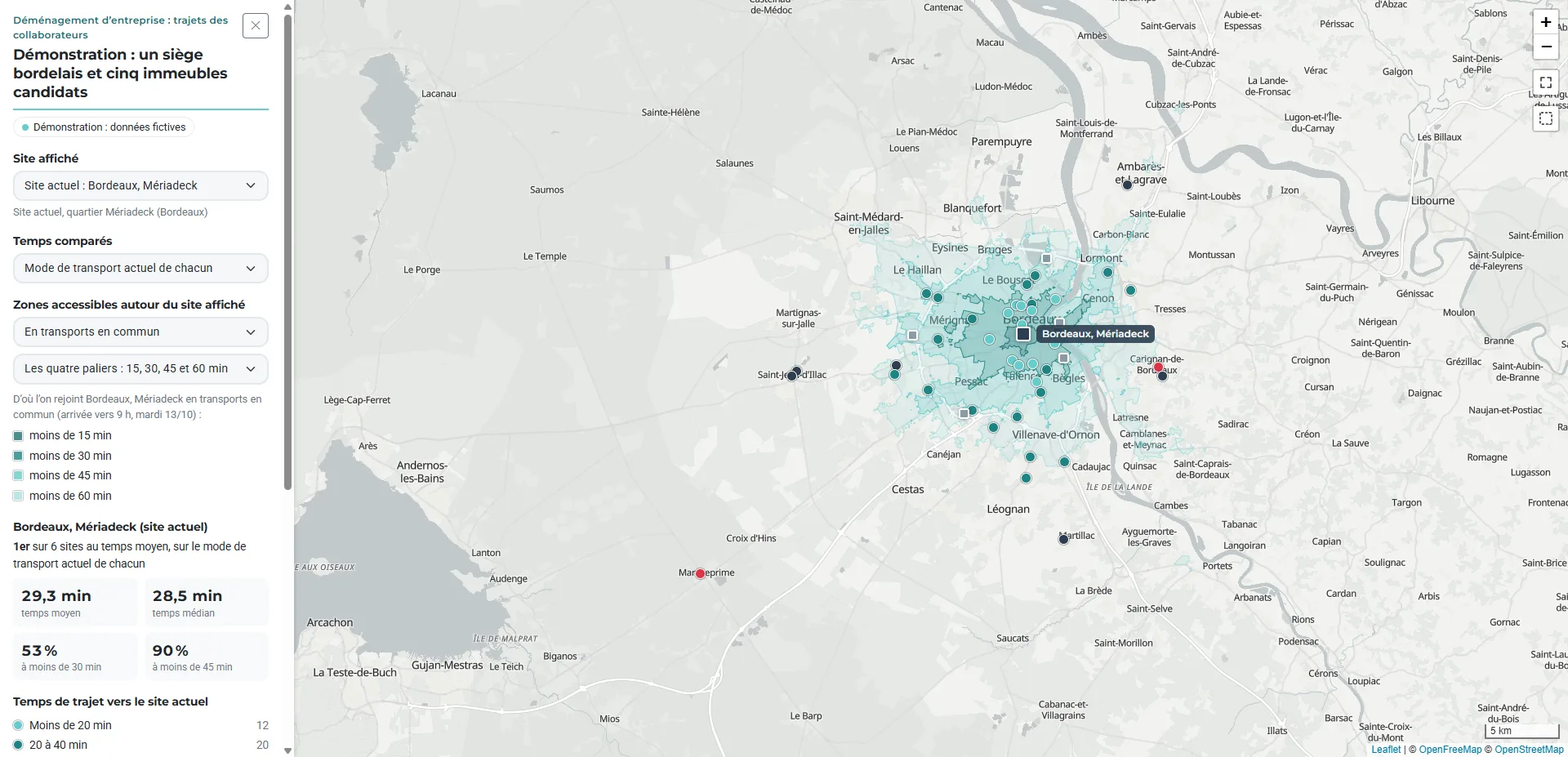 Démo de Bordeaux : zones accessibles en transports en commun autour du site actuel et collaborateurs fictifs