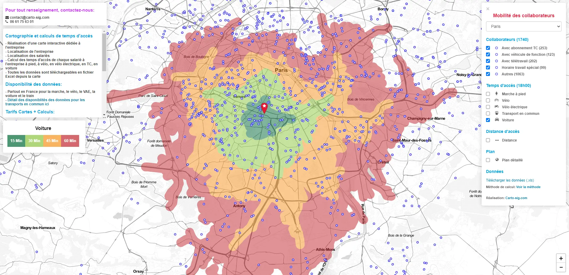 Carte interactive des temps d'accès de salariés