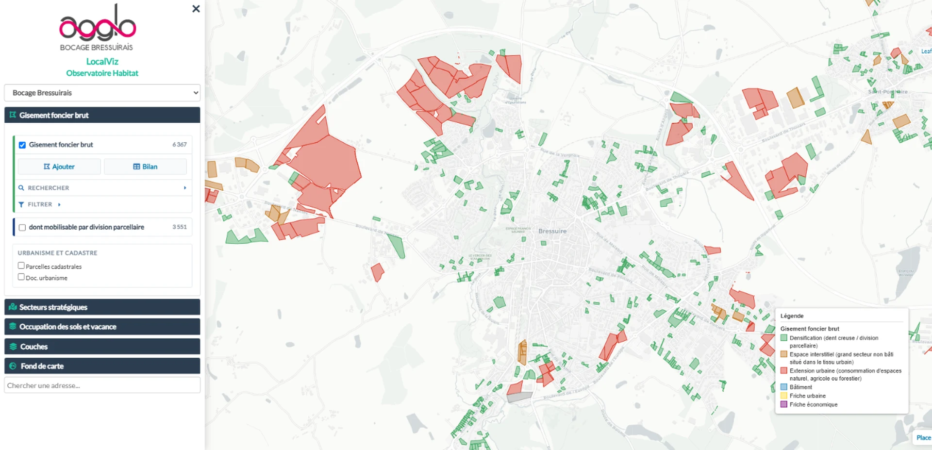 Observatoire de la stratégie foncière d’une communauté d’agglomération : gisement foncier et secteurs stratégiques sur la carte