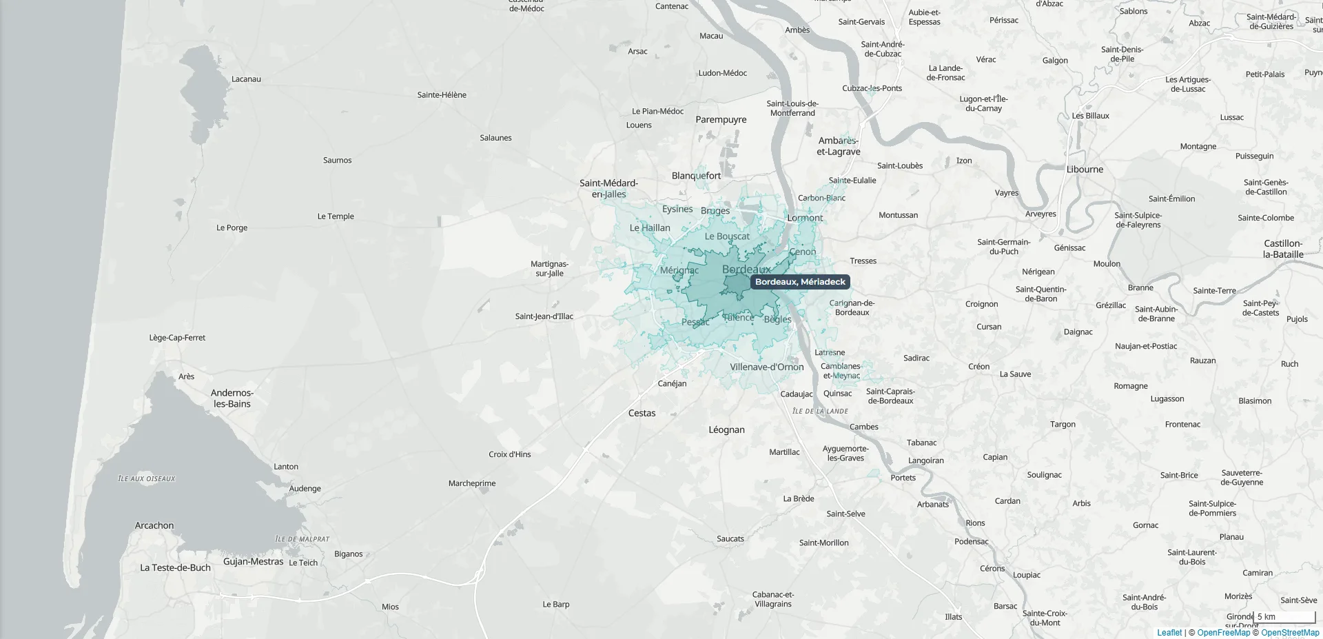 Zones accessibles en 15, 30, 45 et 60 minutes en transports en commun autour d’un site, dans l’agglomération bordelaise